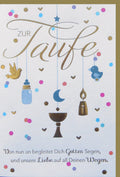 Taufkarte mit bunten Symbolen: Taube, Taufkerze, Fläschchen und Mond für besondere Glückwünsche zur Taufe.