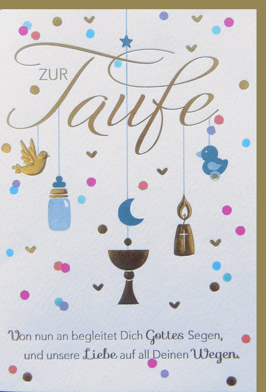 Taufkarte mit bunten Symbolen: Taube, Taufkerze, Fläschchen und Mond für besondere Glückwünsche zur Taufe.