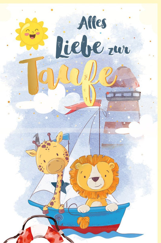 Taufkarte mit Giraffe & Löwe, Segelboot in Pastellblau & Gelb - Elegante Karte mit Sonne & Goldfolie für Kinder