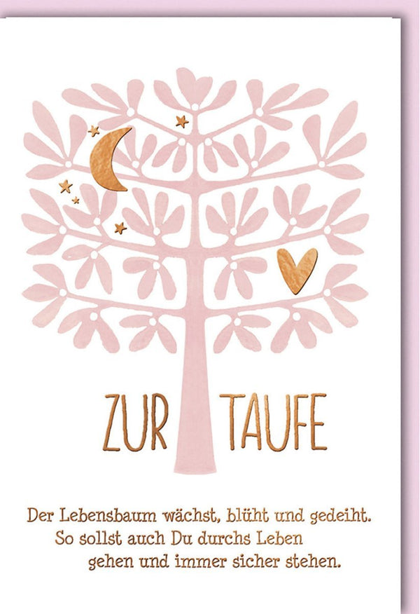 Taufkarte mit Lebensbaum-Motiv - Elegante Karte in Rosa und Gold, Perfekt für Patenkind und Familie