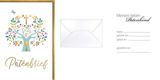 Taufkarte Patenkind – Baum des Lebens mit Taube und bunten Blättern