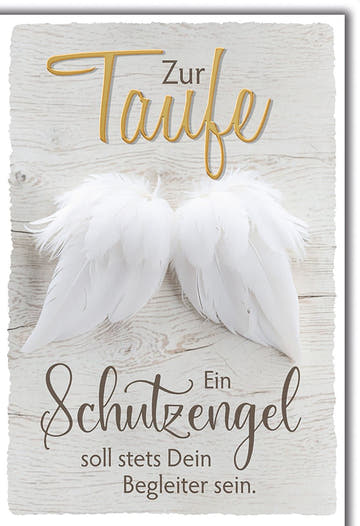 Taufkarte Schutzengel – Weiße Engelsflügel auf Holz mit Segensspruch in Goldoptik