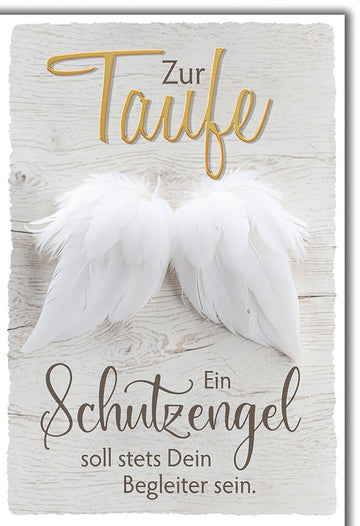 Taufkarte Schutzengel – Weiße Engelsflügel auf Holz mit Segensspruch in Goldoptik