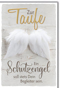 Taufkarte Schutzengel – Weiße Engelsflügel auf Holz mit Segensspruch in Goldoptik