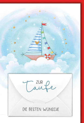 Taufkarte Segelboot: Märchenhaftes Boot in Wolken mit Sternen, Aquarell - Stil