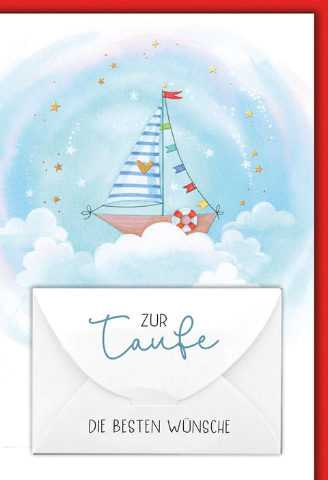 Taufkarte Segelboot: Märchenhaftes Boot in Wolken mit Sternen, Aquarell - Stil