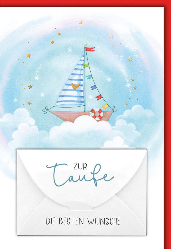Taufkarte Segelboot: Märchenhaftes Boot in Wolken mit Sternen, Aquarell-Stil