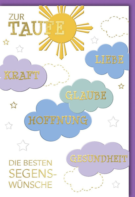 Taufkarte: Segensreiche Grüße zur Taufe - Personalisierbar mit Wolkenmotiv in Lila & Gelb für Baby, Eltern & Patenkind