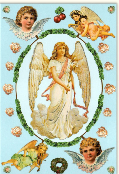 Traditionelle Weihnachtskarte Engel - Vintage Design mit Rosenkranz & Mistelzweig, Himmlische Details für Festliche Grüße