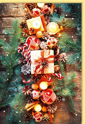 Traditionelle Weihnachtskarte: Festliche Fotokarte mit Tannenzapfen & Kugeln für Grüße und Dekoration