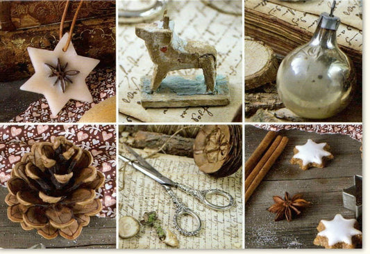 Traditionelle Weihnachtskarte - Festliche Grüße mit Tannenzapfen, Sternen & Zimtstangen Motiven