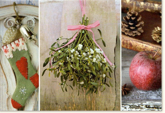Traditionelle Weihnachtskarte – Festliches Merry Christmas Design mit Vintage Winterdeko & Holzoptik