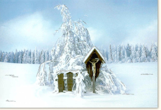 Traditionelle Weihnachtskarte - Friedvolle Schneelandschaft mit Feldkreuz und Christusfigur, Waldmotiv im Schnee für besinnliche Festtagsgrüße