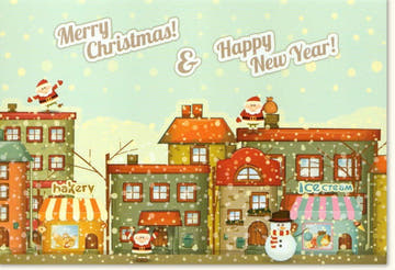Traditionelle Weihnachtskarte im Retro - Stil - Festliche Grüße mit Vintage Wintermotiven und Santa für besinnliche Feiertage