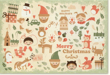 Traditionelle Weihnachtskarte im Vintage - Stil: Nostalgische Illustration mit Schneemann, Tannenbaum & Rentier