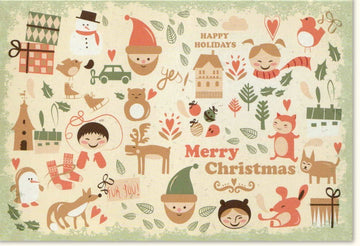 Traditionelle Weihnachtskarte im Vintage - Stil: Nostalgische Illustration mit Schneemann, Tannenbaum & Rentier