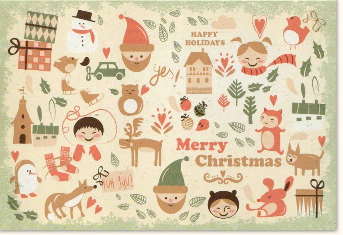 Traditionelle Weihnachtskarte im Vintage - Stil: Nostalgische Illustration mit Schneemann, Tannenbaum & Rentier