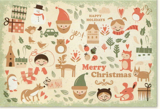 Traditionelle Weihnachtskarte im Vintage - Stil: Nostalgische Illustration mit Schneemann, Tannenbaum & Rentier