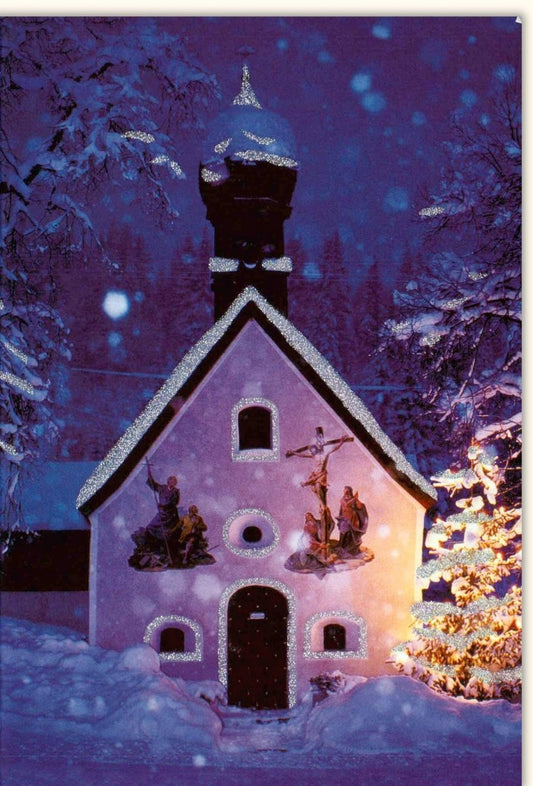 Traditionelle Weihnachtskarte - Kirche im Schnee, Beleuchteter Baum & Glitzernde Winterlandschaft