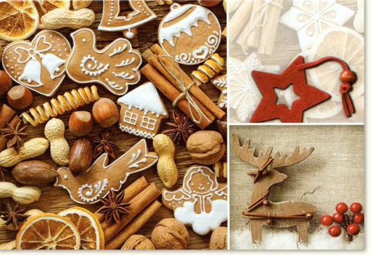 Traditionelle Weihnachtskarte - "Merry Christmas" mit festlichem Gebäck & Holzdeko in warmen Tönen