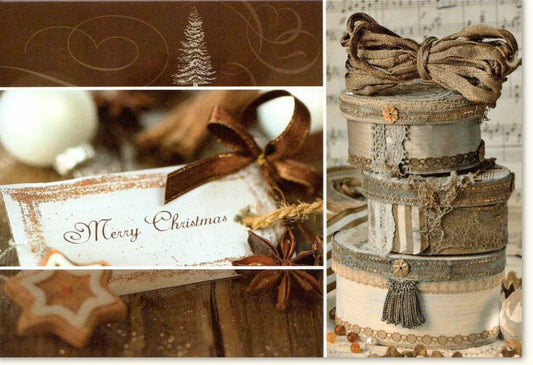 Traditionelle Weihnachtskarte: "Merry Christmas" mit Geschenketurm, Schneeflocken & Goldakzenten in warmen Brauntönen