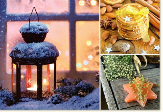 Traditionelle Weihnachtskarte - "Merry Christmas" mit Laternen - , Kerzen - und Schneemotiv, verziert mit Gewürzen und Tannenzweigen