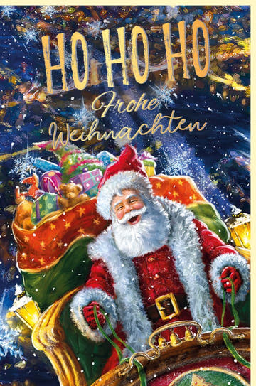 Traditionelle Weihnachtskarte mit Goldfolie – Festlicher Gruß mit Santa im Schlitten, Glitzerndes Design in Rot, Gold & Blau für Familie & Freunde