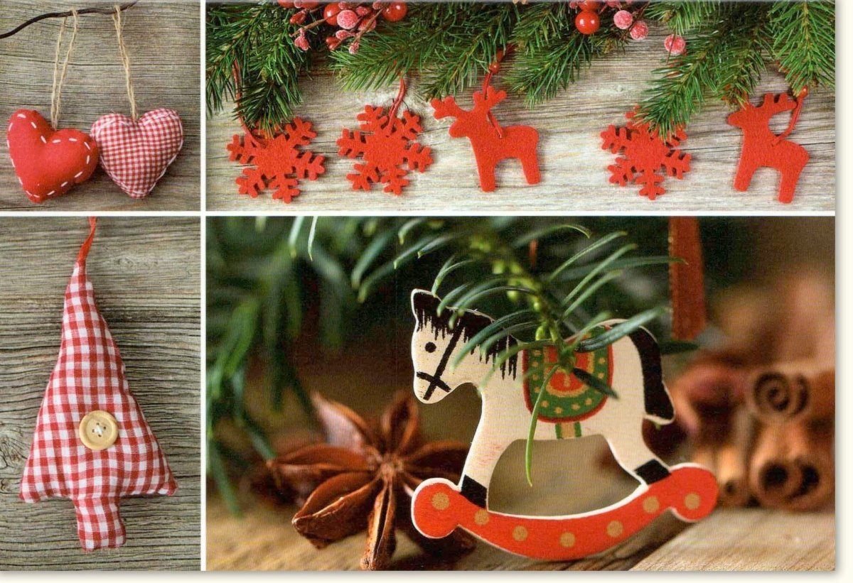 Traditionelle Weihnachtskarte mit Holzdeko, Tannenzweigen & Pferdemotiv – Festliche Herz - und Stern - Deko mit Anis und Zimt