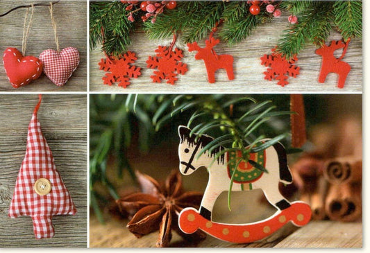 Traditionelle Weihnachtskarte mit Holzdeko, Tannenzweigen & Pferdemotiv – Festliche Herz - und Stern - Deko mit Anis und Zimt
