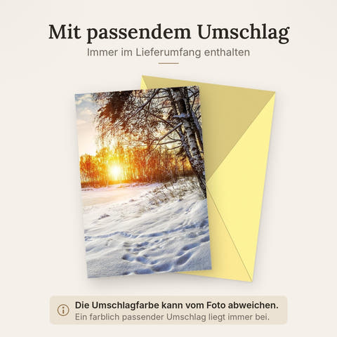 Traditionelle Weihnachtskarte – Schneelandschaft im Wald bei Sonnenuntergang, Blanko Fotogrußkarte für besinnliche Festtage