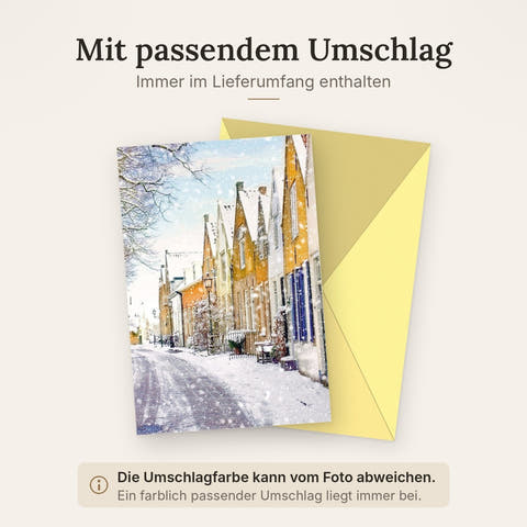 Traditionelle Weihnachtskarte – Verschneite Häuser und Straßen, Winterliche Stadtszene für Festliche Anlässe