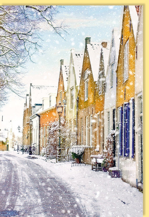 Traditionelle Weihnachtskarte – Verschneite Häuser und Straßen, Winterliche Stadtszene für Festliche Anlässe