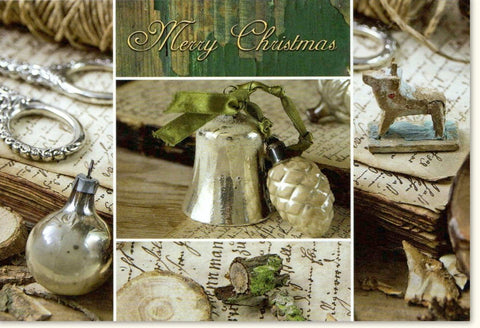 Traditionelle Weihnachtskarte - Vintage "Merry Christmas" mit Glöckchen & Tannenzapfen, Retro Grußkarte für festliche Wintertage