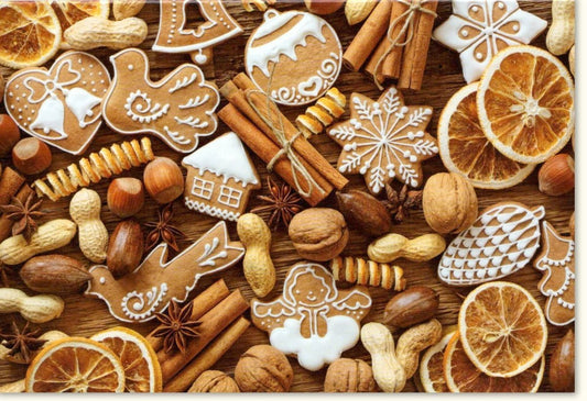 Traditionelle Weihnachtskarte - Winterliches "Merry Christmas" Motiv mit Gebäck & Gewürzen