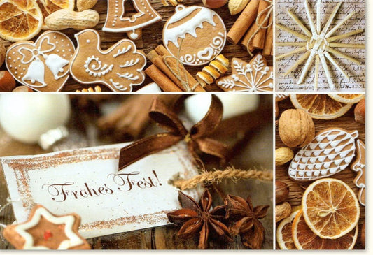 Traditionelle Weihnachtskarte - Zimtsterne, Orangenscheiben & Tannenzapfen, Festliches Lebkuchen - Design mit "Merry Christmas" & "Frohes Fest"