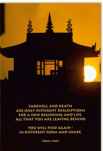 Trauerkarte Abschied: Spirituelle Karte mit Tibet - Tempel & Sonnenuntergang, Friedvolle Beileidskarte mit Hoffnungszitat für Neuanfang