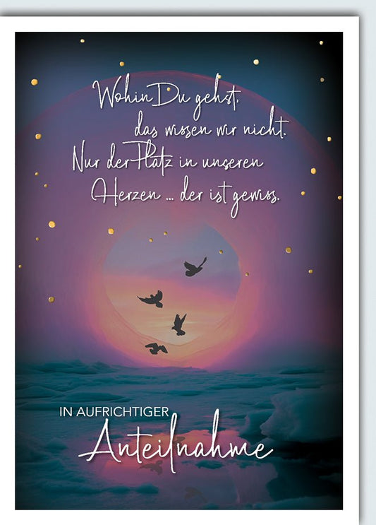 Trauerkarte Abschied – Vögel im Sonnenuntergang mit poetischem Spruch und Sternenhimmel
