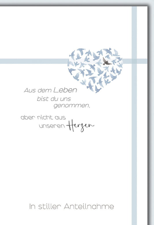 Trauerkarte Anteilnahme – Herz aus Vögeln mit zartem Blau und einfühlsamem Zitat