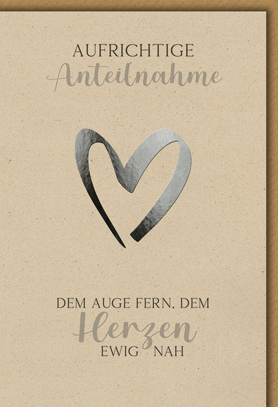 Trauerkarte Anteilnahme – Herz in Silberoptik auf Naturpapier mit Zitat