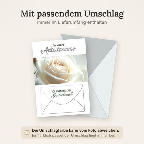 Trauerkarte Anteilnahme – Weiße Rose mit Umschlag für Grabschmuck