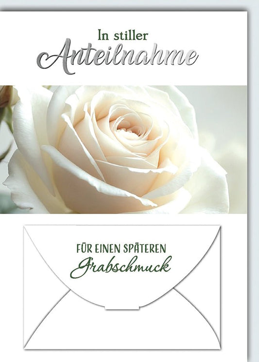 Trauerkarte Anteilnahme – Weiße Rose mit Umschlag für Grabschmuck