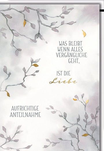 Trauerkarte Anteilnahme – Zarte Zweige mit Goldakzenten und einfühlsamem Zitat
