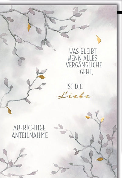 Trauerkarte Anteilnahme – Zarte Zweige mit Goldakzenten und einfühlsamem Zitat