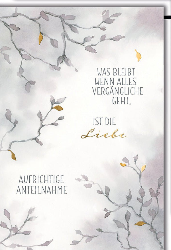 Trauerkarte Anteilnahme – Zarte Zweige mit Goldakzenten und einfühlsamem Zitat