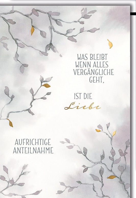 Trauerkarte Anteilnahme – Zarte Zweige mit Goldakzenten und einfühlsamem Zitat