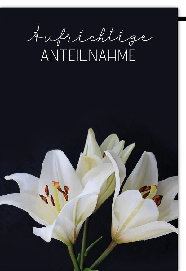 Trauerkarte Aufrichtige Anteilnahme – Elegante Beileidskarte mit weißen Lilien auf schwarzem Hintergrund für Trauerfälle