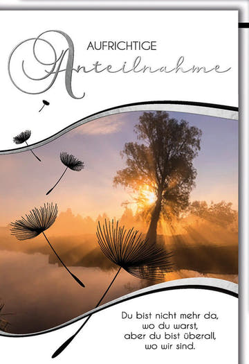 Trauerkarte Aufrichtige Anteilnahme – Sonnenaufgang am See mit Pusteblumen - Silhouette