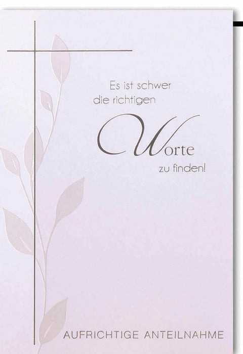 Trauerkarte Aufrichtige Anteilnahme – Zarte Blätter mit Kreuz und stilvollem Schriftzug