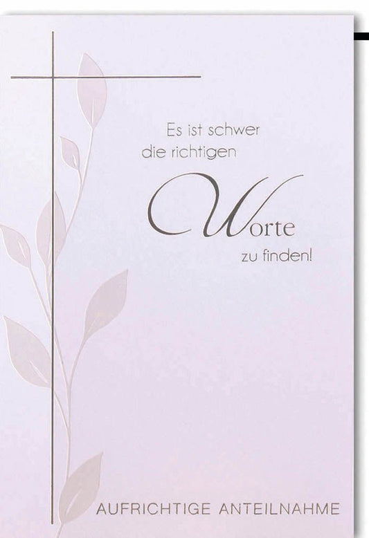 Trauerkarte Aufrichtige Anteilnahme – Zarte Blätter mit Kreuz und stilvollem Schriftzug