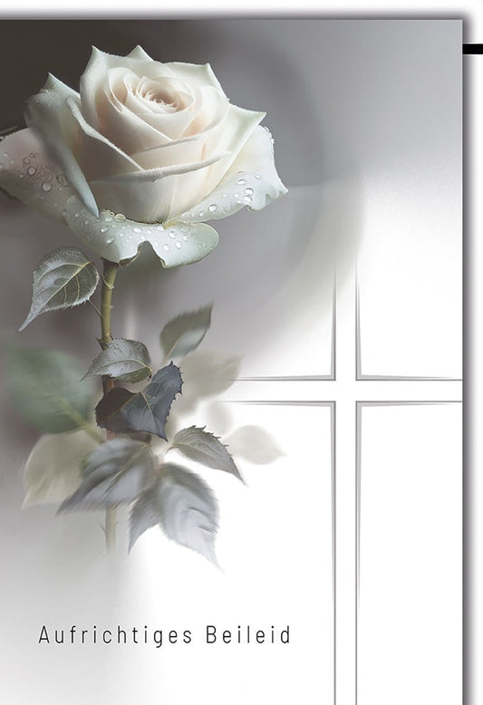 Trauerkarte Aufrichtiges Beileid – Weiße Rose mit zarten Tautropfen und Kreuzmotiv